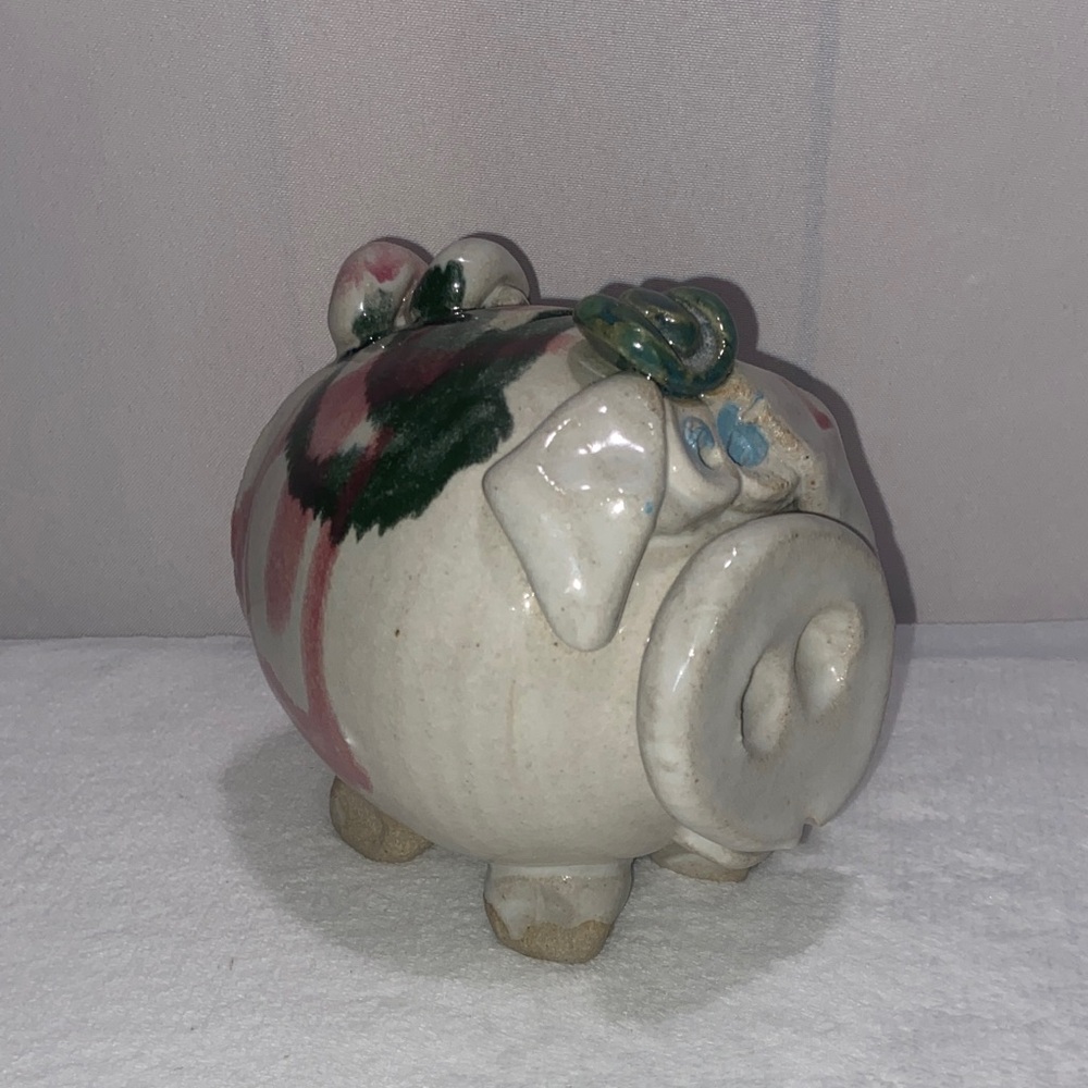 Studio art pottery piggy bank wearing a hat